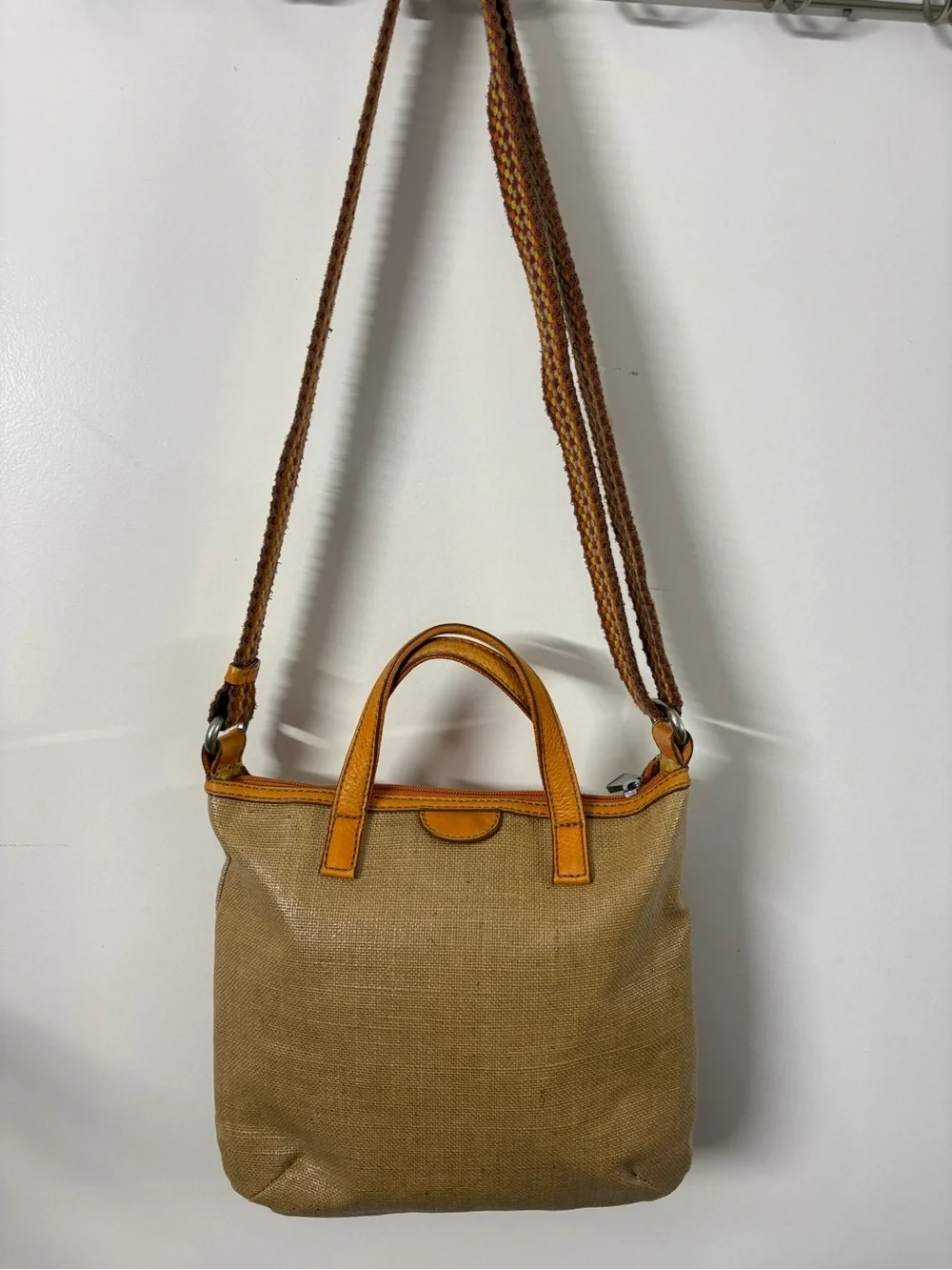 Fossil Tan Canvas Tote with Leather Trim and Multicolor Woven Strap